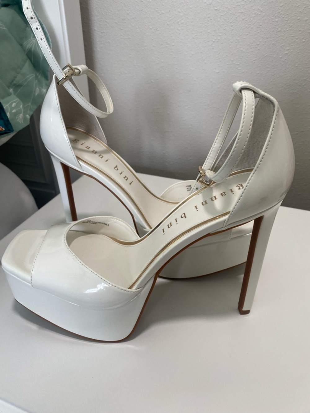Gianni Bini White Patent Platform Ankle-Strap Stilettos